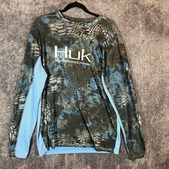 Huk Kryptek Neptune Blue Large Raglan Colorblock Performance Fishing Shirt - Picture 1 of 10